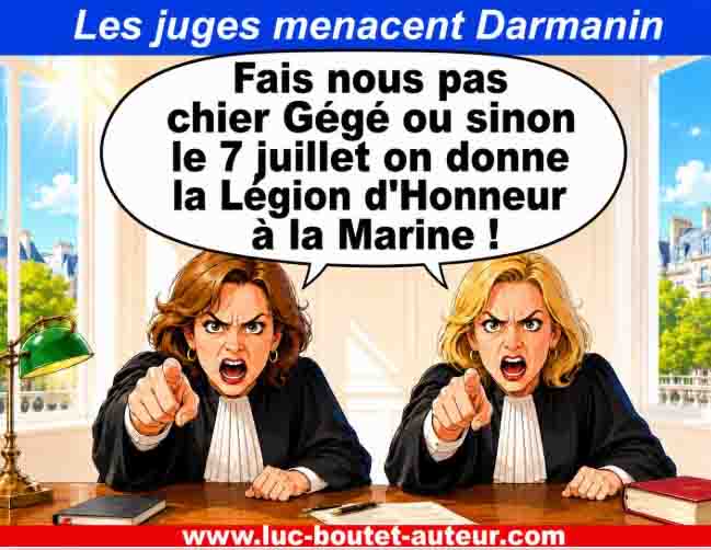 Dessin carricatural montrant des magistrates du Syndicat de la Magistrature s'adressant à Gérald Darmanin  www.luc-boutet-auteur.com