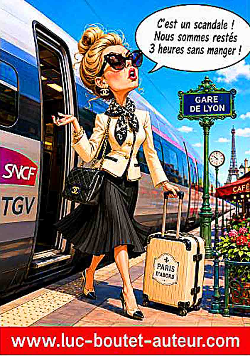 Sur le blog : www.luc-boutet-auteur.com publication d’une image sur : des bourgeoises nanties qui se plaignent d’avoir attendu un sadwiches dans le TGV, alors que la famine règne en afrique.