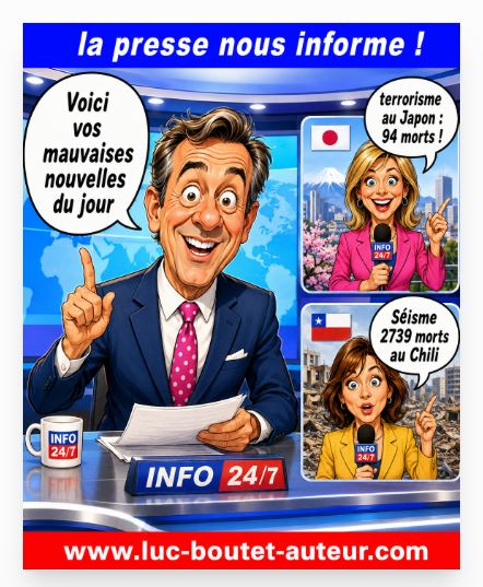 Sur le blog de Luc Boutet : publication d’une image sur : la surinformation des chaines de télévision en ligne qui n’annonce que des mauvaises nouvelles qui angoissent les citoyens
 A voir sur le blog : : www.luc-boutet-auteur.com