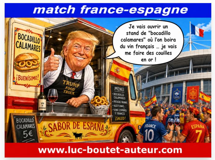 Sur le blog de Luc Boutet : publication d’une nouvelle image sur : le match de foot France-Espagne. Mbappé, Didier Deschamp, Nico Williams, Rodri,Ferran Torres,Pedro Perro, Adrien Rabiot. A voir sur le blog : : www.luc-boutet-auteur.com