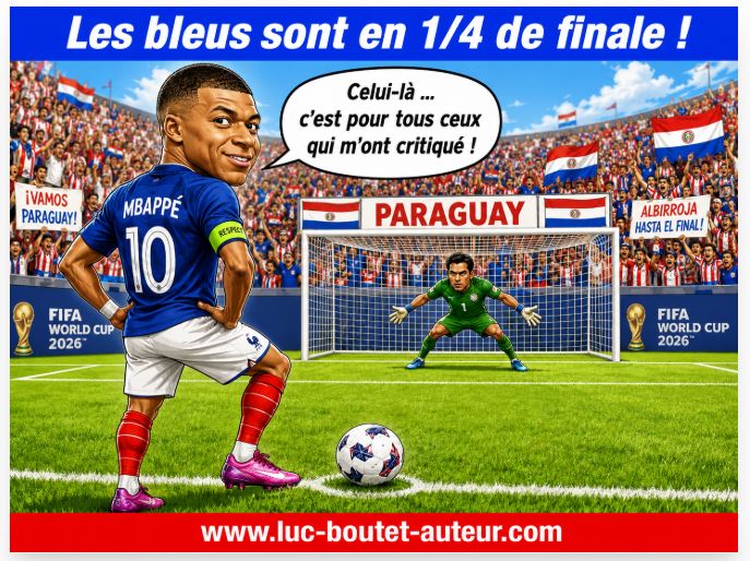 Sur le blog de Luc Boutet : publication d’une nouvelle image sur : le pénalty marqué par Kylian MBAPPE dans le match contre le Paraguay, comme une réponse qu’il a subi avant la coupe du monde. A voir sur le blog : : www.luc-boutet-auteur.com