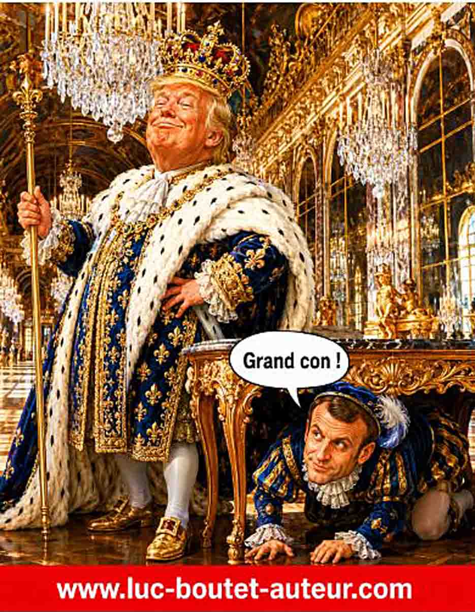 Sur le blog : www.luc-boutet-auteur.com publication d’une image sur : la réaction d’Emmanuel Macron à la signature du protocole d’accord entre les USA et l’IRAN au Château de Versailles par Donald Trump !
