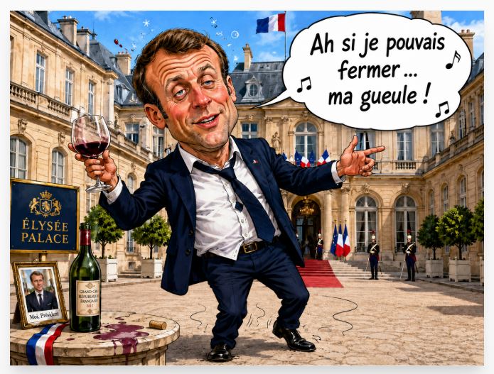 Sur le blog : www.luc-boutet-auteur.com publication d’une image représentant : "Emmanuel Macron saoul qui chante !"