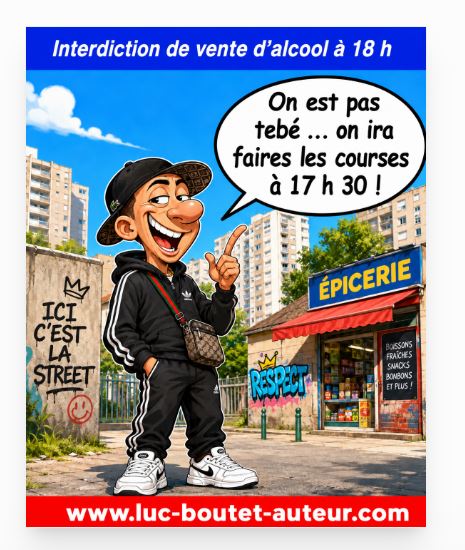 Sur le blog de Luc Boutet : publication d’une image sur :
  Le ministre de l’Intérieur interdit la vente d’alccol après 18 heures, pour empêcher les violences hurbaines. 
 A voir sur le blog : : www.luc-boutet-auteur.com